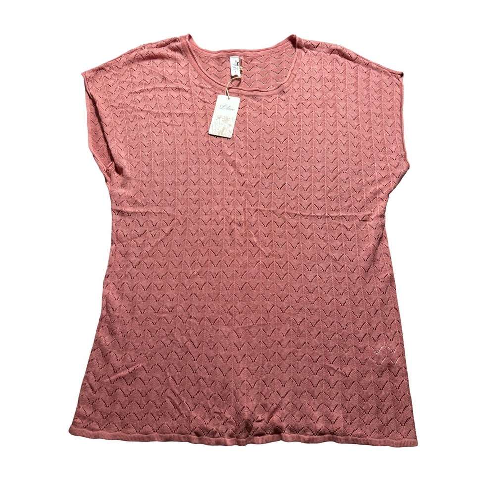 NWT L Love Womens M Rose Pointelle Knit Short Sleeve Sweater Top Boho Festival